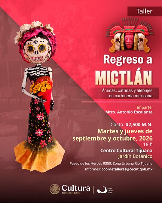 Taller<br>
Regreso a Mictlán, Ánimas, Catrinas y Alebrijes en cartonería mexicana
